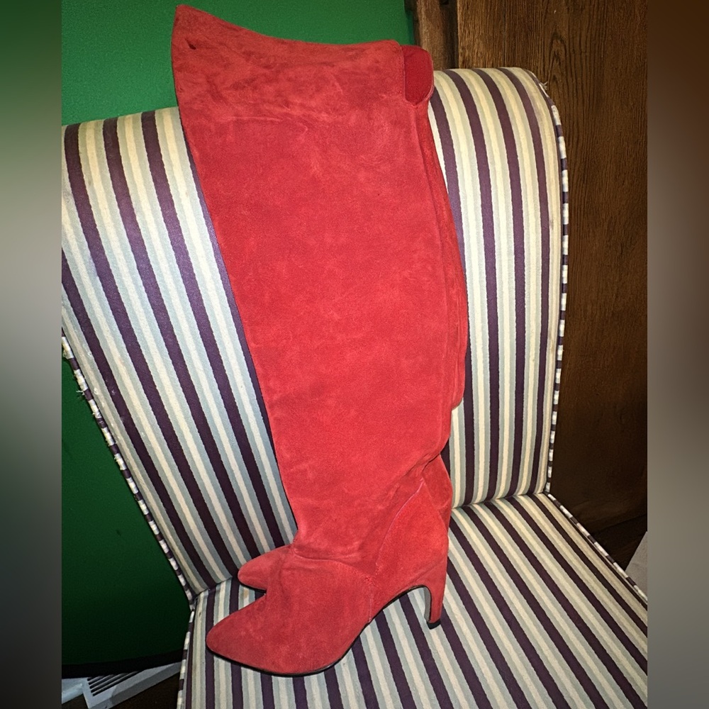 Made in Spain Red Suede Over-the-Knee Boots | Kitten Heel | Size 6.5